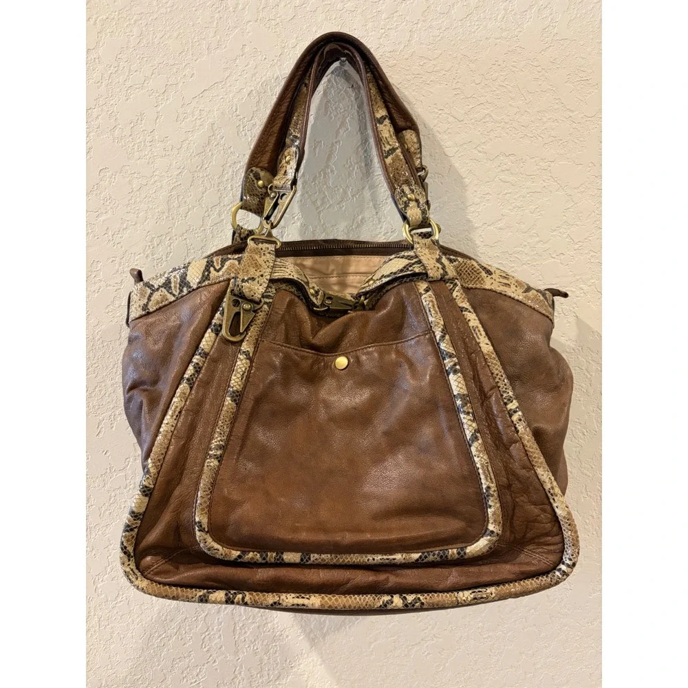Kesslord Paris Brown Leather Snakeskin Trim Satchel Hobo Bag Brass Hardware